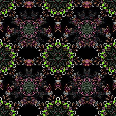 Damask, pembe ve yeşil renklerde çiçeksiz arkaplan deseni. Vektör illüstrasyonu.