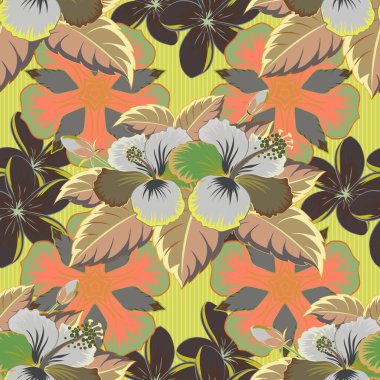 Turuncu, yeşil ve kahverengi renklerde çiçeksiz klasik vektör deseni.