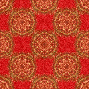 Kırmızı arka planda dekoratif, altın, pürüzsüz desen. Davetiyeler, tebrik kartları, ambalajlar için süs desenleri. Geleneksel çiçek dekoru. Tasarım için vektör süsleme ögeleri.