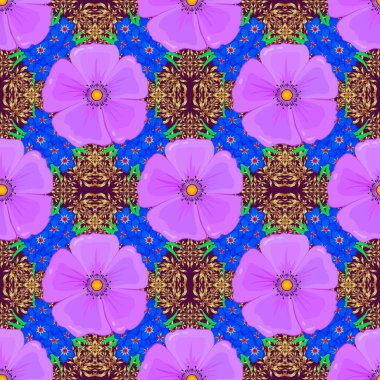 Kozmos çiçeklerinin mor, mor ve mavi renkte olduğu soyut zarafet vektörü kusursuz desen.