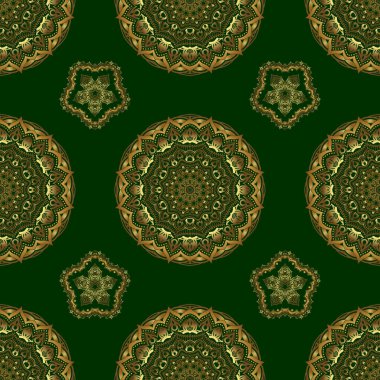 Yeşil arka planda klasik altın süslemeleri olan kusursuz çiçekli bir sınır. Vektör altın pürüzsüz desen.