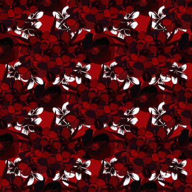 Klasik tarzda Primula çiçekleriyle enfes bir desen. Dekorasyon ve tasarım için mükemmel bir vektör kusursuz desen. Kirmizi, kahverengi ve siyah renklerde suluboya, kalitesiz primula çiçekleri olan moda baskı.