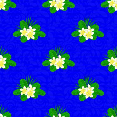 Vektör Plumeria çiçekleri pürüzsüz desen. Mavi arka planda kusursuz çiçek deseni.