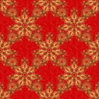 Altın soyut geometrik kusursuz desen. Altın rengi elementlerle güzel bir artdeco şablonu. Art deco tarzı, modaya uygun klasik tasarım öğesi. Kırmızı arkaplanda vektör altın ızgara.