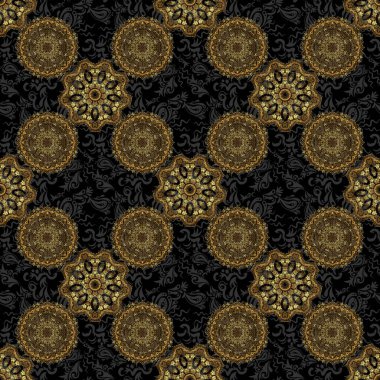 Şatafatlı, pürüzsüz, altın süs desenli, siyah arka planda stilize dalgalar. Vektör illüstrasyonu.