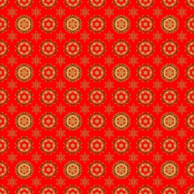 Kırmızı arka planda barok tarzında, doğulu süslemeler. Geleneksel klasik altın ve kırmızı desen. Vektör illüstrasyonu.