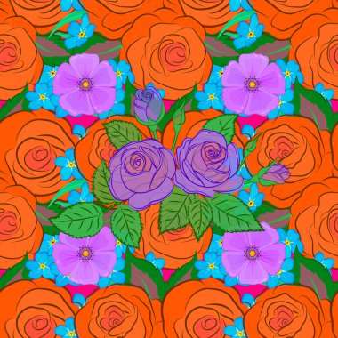 Web sayfaları, düğün davetiyeleri, tekstil, duvar kağıtları için vektör romantik arka plan. Kırmızı arka planda suluboya gül çiçekleri ve yeşil yapraklar pürüzsüz desen.