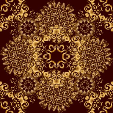 Vektör çizimi. Zarif Mutlu Noeller ya da mutlu yıllar 2018 kusursuz desenli kahverengi arkaplanlı altın süslemeli.