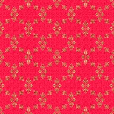 Duvar kağıdı, sunum, tasarım, tekstil için. Raster illüstrasyonu. Kırmızı arkaplanda altın rengi elementlerin kusursuz raster görüntüsü.