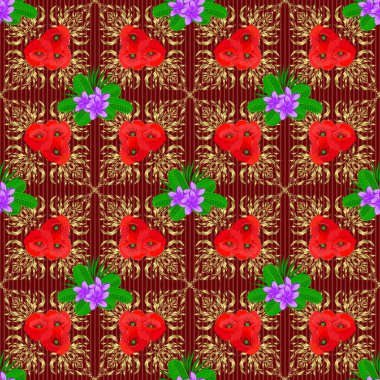 Dekoratif gelincik çiçekleri ve kırmızı arka planda yaprakları olan kusursuz arkaplan deseni. Raster illüstrasyonu.