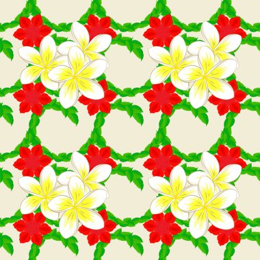 Bej bir arka planda, şirin Plumeria çiçekleriyle kusursuz vektör deseni. Çiçek arka planı.