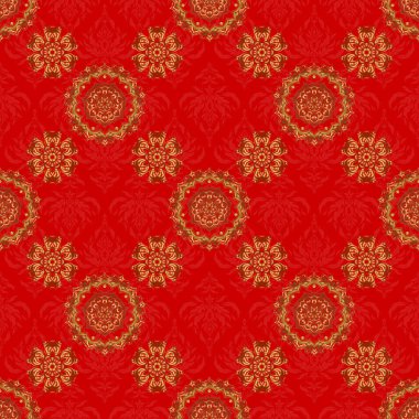 Vektör parlak metal yüzey pürüzsüz desen. Kırmızı arkaplanda soyut altın elementler.