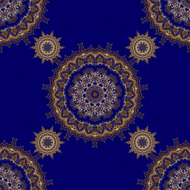 Mavi bir arkaplanda doğu tarzı arabesk. Narin, altın arkaplan dokuma işi. Vektör parlak dantel, stilize çiçekler, şal desenli. Kusursuz altın desenli bukleler..
