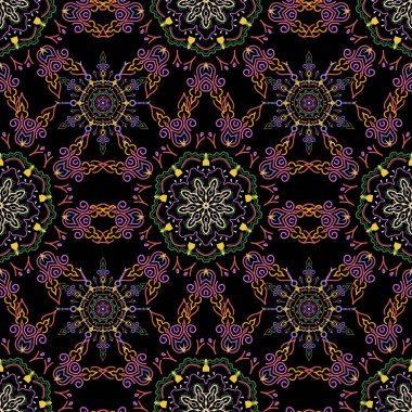 Çiçekli ve Mandala elementli zarif, pürüzsüz bir desen. Gri ve sarı el yapımı, pürüzsüz vektör çizimi.