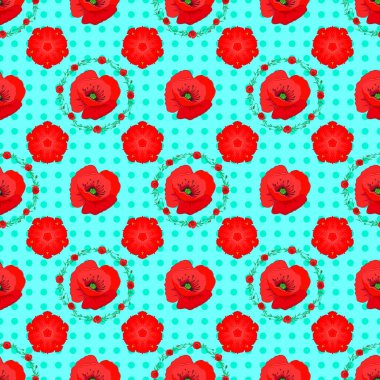 Vektör çizimi. Mavi arka planda sevimli gelincik çiçekleri olan pürüzsüz desen.