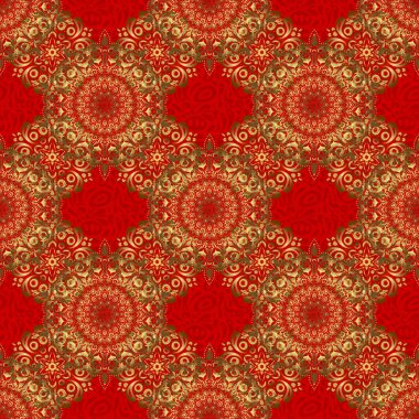 Altın elementli geometrik süs. Soyut geometrik çizim. Kırmızı arka planda altın gradyanı olan kusursuz bir vektör deseni. Altın doku. Kusursuz geometrik desen.