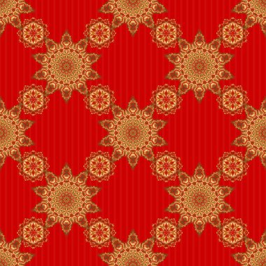 Altın eğimli vektör geometrik kusursuz desen. Senin tasarımın için, duvar kağıdı. Kırmızı bir zeminde altın rengi, kusursuz bir illüstrasyon. Geometrik arkaplan.