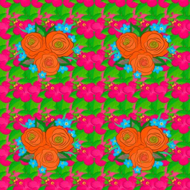 Pembe arka planda vektör kusursuz desen. Güzel suluboya güller ve yeşil yapraklar, parlak tablolar çiçek desenlerinden esinlenmiştir..