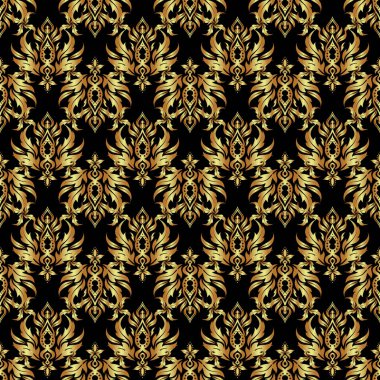 Vektör çizimi. Siyah bir arka planda kraliyet altın gibi pürüzsüz desen. Duvar kâğıdı, davetiye, ambalaj için lüks süs.