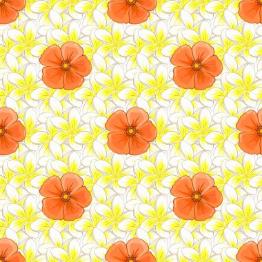 Vektör çizimi. Sarı bir zemin üzerinde kusursuz bir çiçek deseni ve karışık kozmos çiçekleri..
