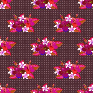 Mor, kırmızı ve morumsu renklerde kusursuz desen. Menekşe, kırmızı ve morumsu çiçekleri çizen vektör el..