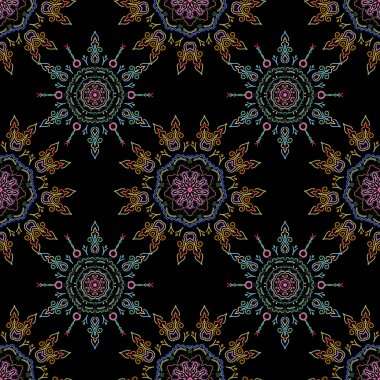 Kusursuz damaske deseni, klasik duvar kağıdı, siyah arka planda yeşil ve sarı. Süslü sınır. Vektörsüz desen.