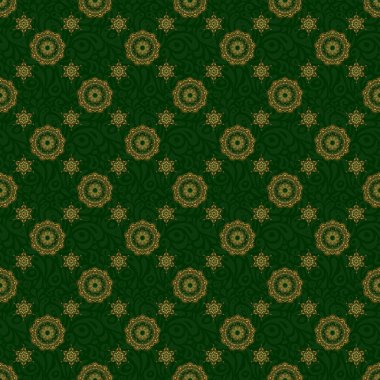 Yeşilden çok altın rengi klasik barok çiçekli desenler. Yeşil arka planda izole edilmiş altın elementler. Süslü dekorasyon. Lüks, kraliyet ve Viktorya dönemi konsepti.