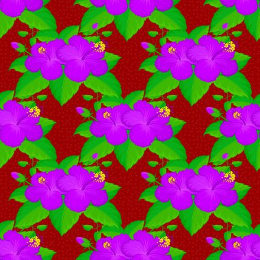 Biçimlendirilmiş amber çiçekleri ve kırmızı arkaplanda yaprakları olan kusursuz arkaplan deseni.