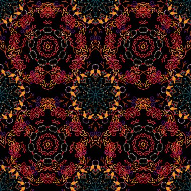 Doğulu, süslü. Halılar, tekstil, duvar kağıtları ve herhangi bir yüzey için şablonlar. Siyah bir arkaplanda kırmızı ve turuncu süsleme vektörsüz desen.