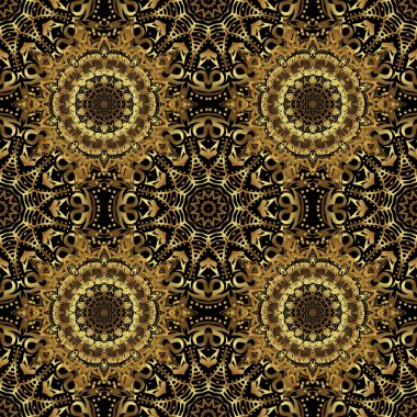 Davetiyeler için süs, doğum günü, tebrik kartları, web sayfaları. Çiçeksel oryantal dekor. Doğu tarzında kusursuz bir dokuya sahip. Tasarım için altın desen süsleyin. Siyah üzerine lüks duvar kağıdı.