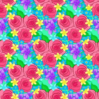 Çiçek arkaplan. Yeşil arka planda, gül çiçekleri ve yeşil yapraklarla kusursuz desen..