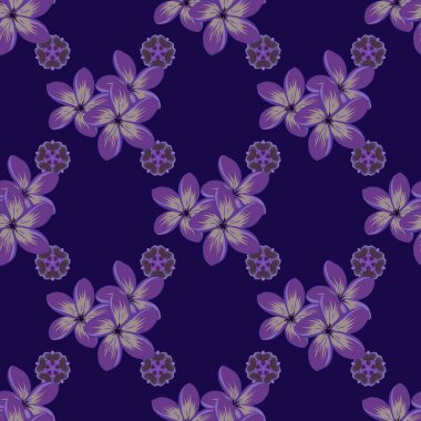 Mor, mavi ve mor renklerde, çiçekli, dikişsiz desen. Vektör çizimi. Şirin vektör plumeria çiçek izi.