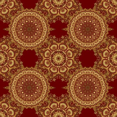 Sembol bayramı, yeni yıl 2018 kutlaması. Kırmızı zemin üzerinde altın parıltılı kar taneleri. Vektör çizimi. Noel altını kar taneleri pürüzsüz desenli. Kış kar tasarımı duvar kağıdı.