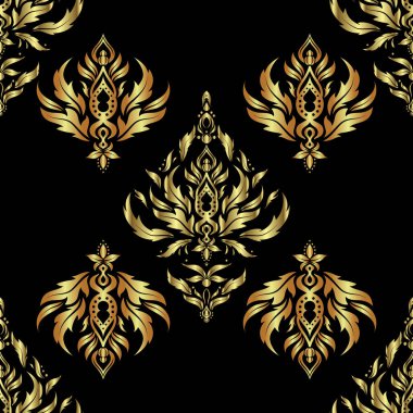 Kusursuz bir arka plan. Altın madalyalar. Siyah bir arkaplanda yıldız deseni, altın rengi bir süs. Lüks altın, yıldızlı kusursuz desen..