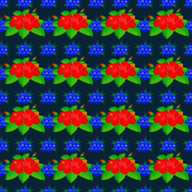 Soyut arkaplan. Çiçeksiz desenli, çiçek açan çiçekli ve mavi arka planda yapraklı. Engelli çiçekli şık duvar kağıtları.