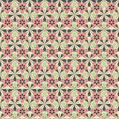 Vektör grafik baskı. Küçük çiçeksiz desen. Pembe, gri ve bej renkli narin küçük çiçekler..