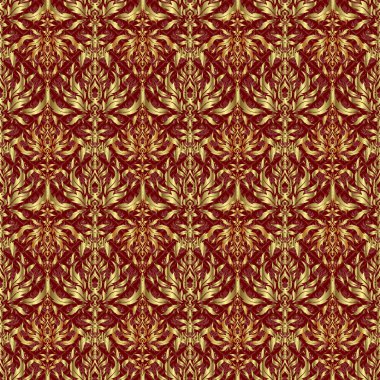 Kırmızı arkaplanda vektörsüz desen. Kırmızı ve altın renkli klasik tasarım. Damask zarif duvar kağıdı.