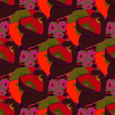 Kırmızı, siyah ve morumsu renklerde soyut gelincik çiçeklerinin kusursuz deseni. Stock vektör illüstrasyonu. Klasik stil.