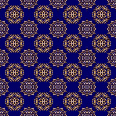 Puantiye, konfeti. Parlak fon. Raster illüstrasyonu. Mavi ve altın pürüzsüz desen. Altın folyo dokusu. Soyut geometrik modern arkaplan. Art deco biçimi.