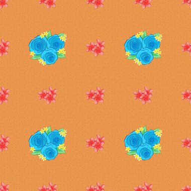 Raster illüstrasyonu. Kahverengi arka planda, gül çiçekleri ve yeşil yapraklarla kusursuz çiçek deseni..