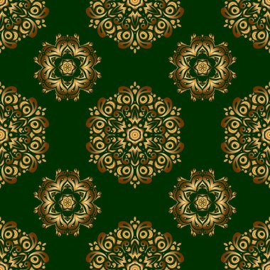 Yeşil arka planda altın desen. Klasik eskiz. Zarif retro vektör pürüzsüz desen.