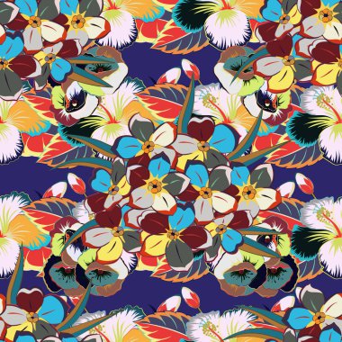 Dekoratif yaz çiçekleriyle kusursuz desen, mor, mavi ve sarı renkler, suluboya vektör çizimi.