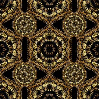 Zarif vektör klasik kusursuz desen. Siyah arkaplanda tekrarlayan elementlerle kusursuz soyut süs. Siyah ve altın desenli.
