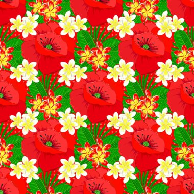 Kırmızı arkaplandaki vektör gelincik çiçeği pürüzsüz desen.