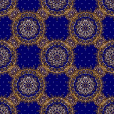 Metin için tasarım, davetiye kartları, çeşitli baskı sürümleri. Mavi arka planda altın elementlerle kusursuz bir desen. Doğu tarzında altın bir vektör süsü..