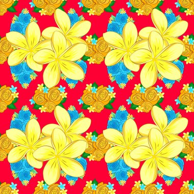 Dekorasyon ve tasarım için güzel, pürüzsüz bir desen. Plumeria çiçekleriyle klasik tarzda enfes bir desen. Kırmızı arka planda suluboya, kalitesiz Plumeria çiçekleri olan moda baskılar.