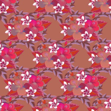 Kırmızı, pembe ve menekşe çiçekli Aloha tipografisi tişört baskısı, kusursuz desenli Vektör çizimi.