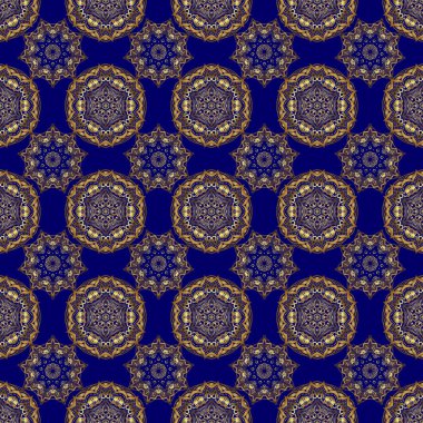 Mavi arka planda altın çiçekli motif. Altın elementler ve süslemelerle dokumasız desenli vektör parıltısı. Tatil için mükemmel..