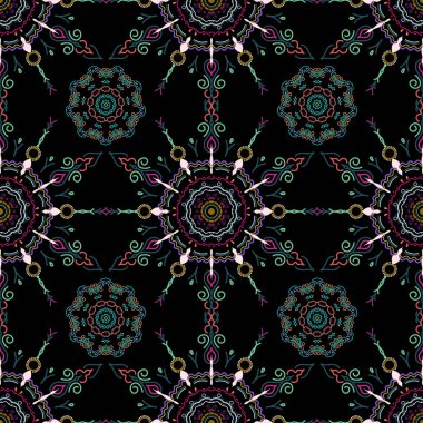 Vektörsüz damaske deseni, klasik duvar kağıdı, arka plan. Siyah bir arkaplanda nötr, mavi ve yeşil renkli süsleme kenarlığı.