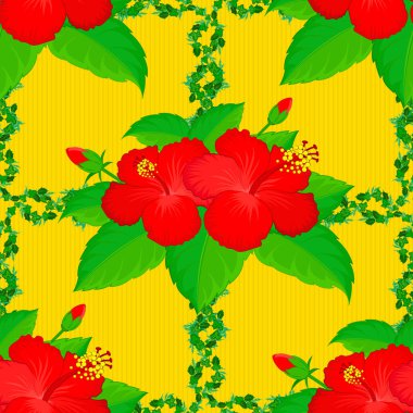 Dekoratif amber çiçekleri ve sarı arka planda yaprakları olan kusursuz bir arkaplan deseni. Vektör illüstrasyonu.